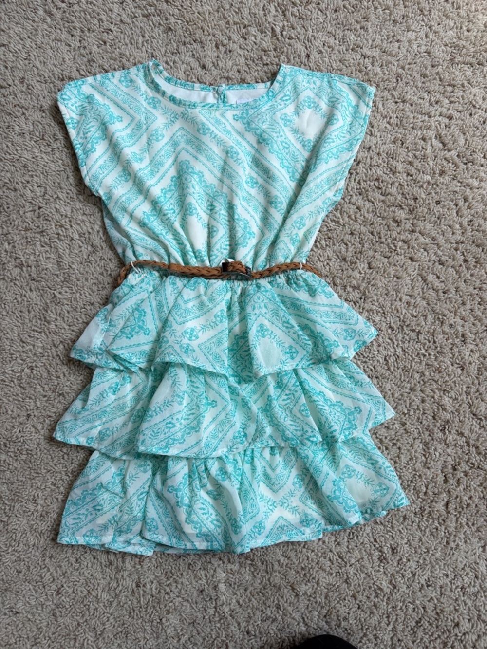 The Place Girls' Ruffle Dress w/open shoulders & Brown Braided Belt